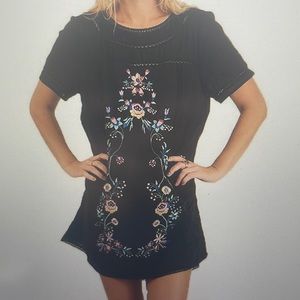 Umgee Embroidered Tunic Dress Black Short Sleeve New